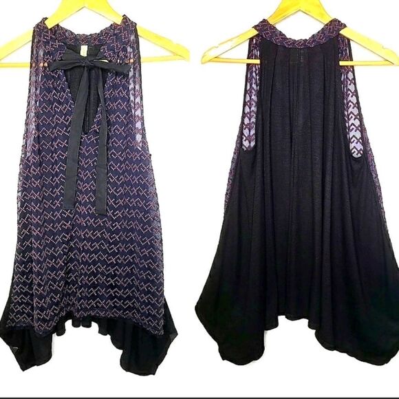 Free People Sheer Embroidered Mesh Tie Neck Top - Picture 2 of 7